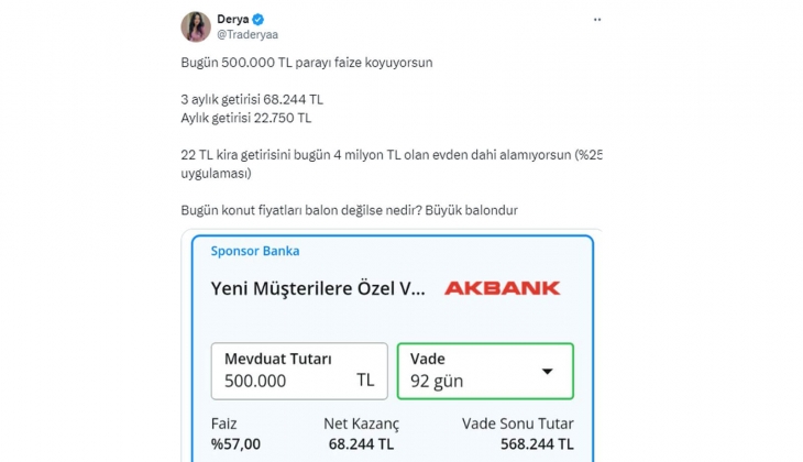 Konut fiyatlarında balon var mı? 500 bin TL nin faiz kazancı, 4 milyon TL lik evin kira getirisinden fazla! 